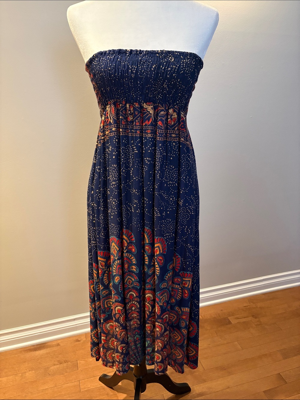 3 Trees Boho Strapless Navy Maxi Dress or Skirt with Red Paisley Trim